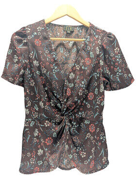 OLM Blouse Women Twist Front Floral Short Sleeve Brown